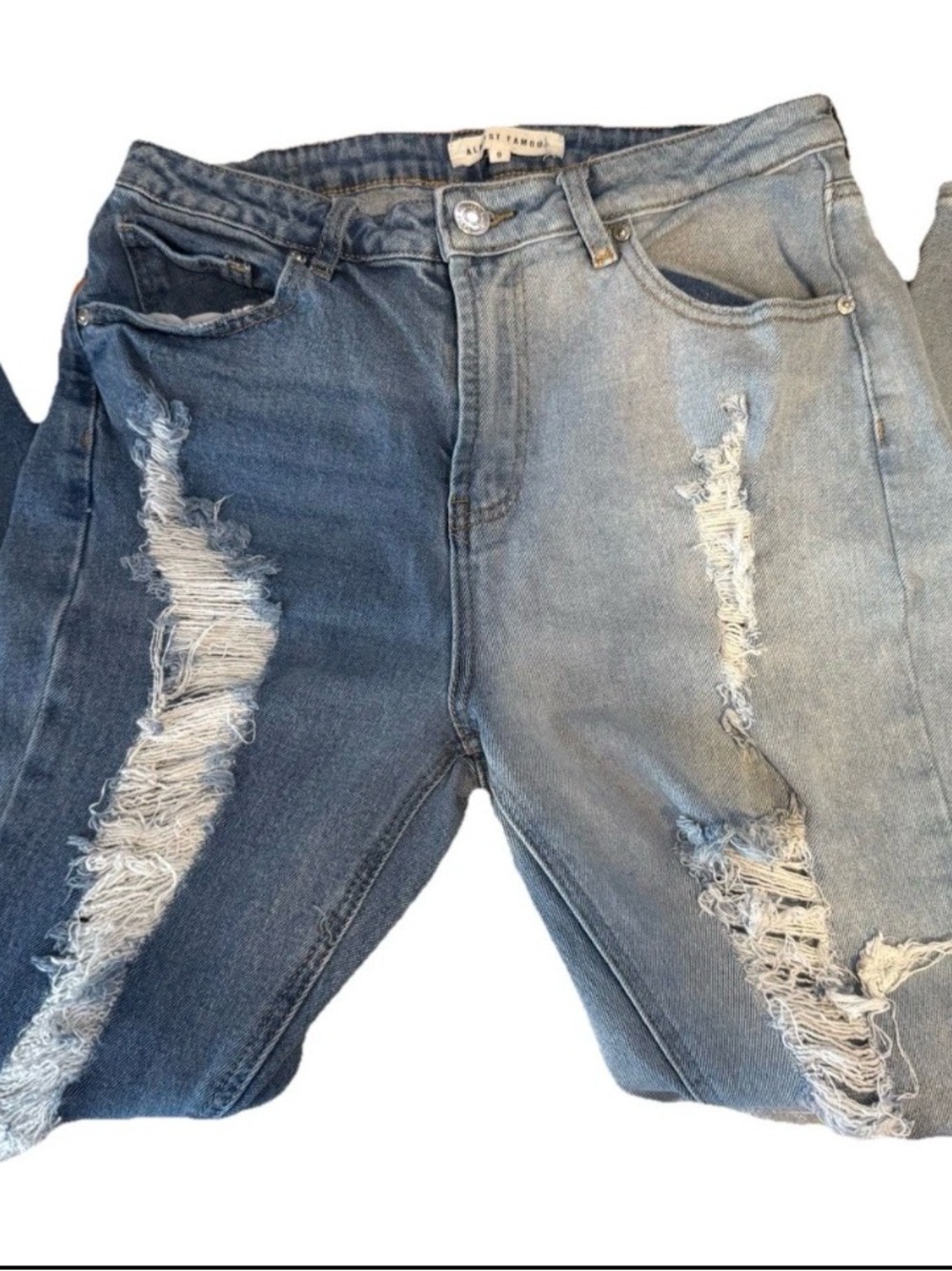ALMOST FAMOUS Two Tone Distressed Jeans Raw Hem Dark/light Denim Women’s Size 9